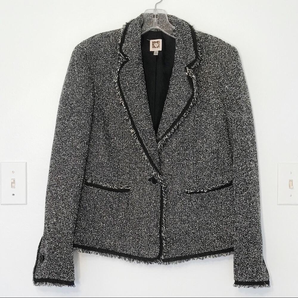 Anne Klein Notch Lapel Tweed Blazer Jacket Size 10 Black White